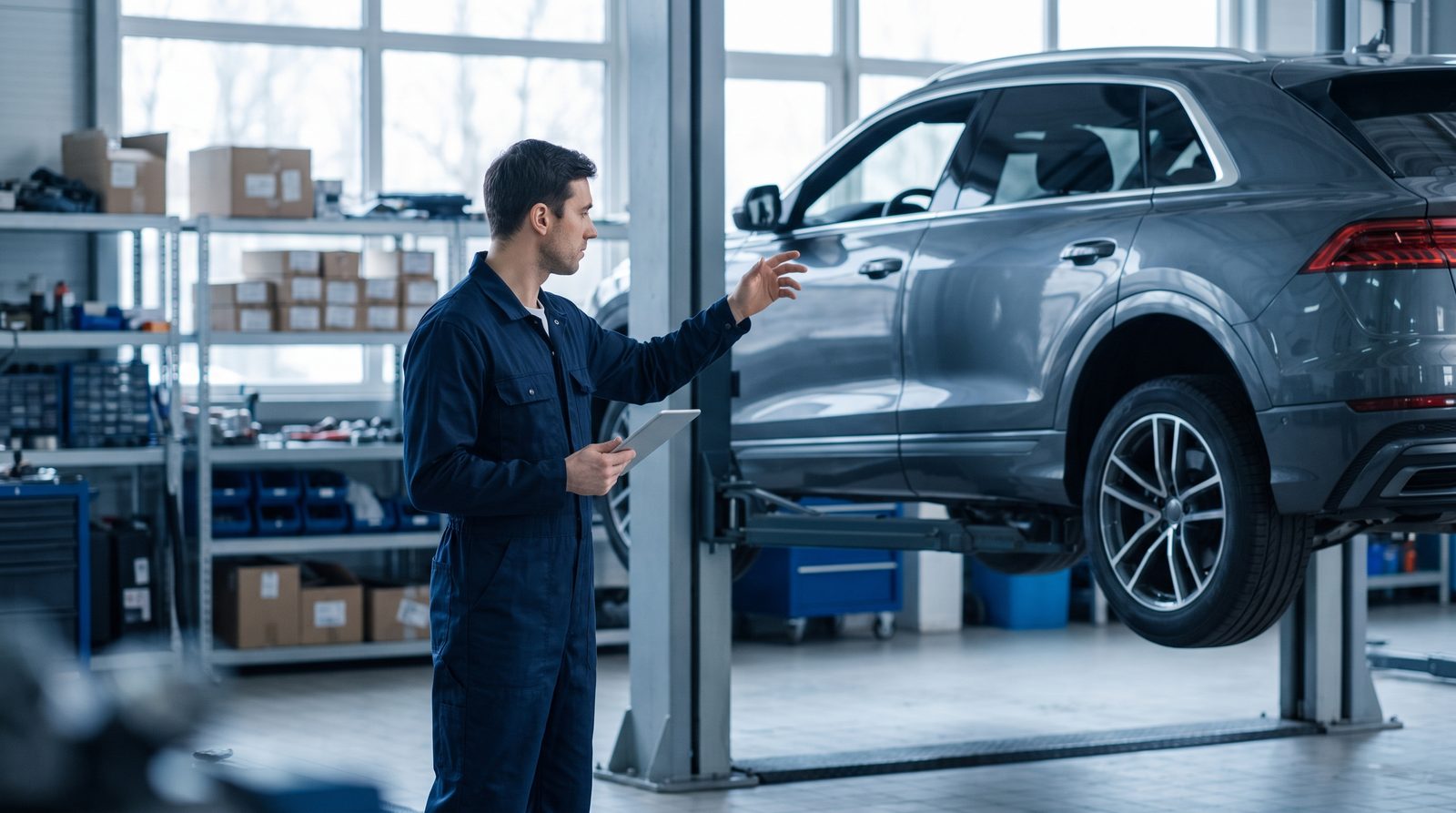 A technician with a tablet beside a car on a lift in a dealership workshop bay