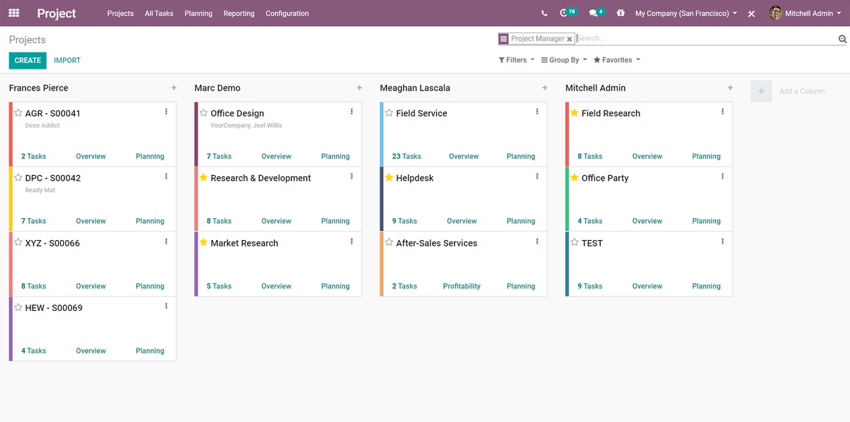 Multiple projects per project manager in Odoo Project's kanban interface