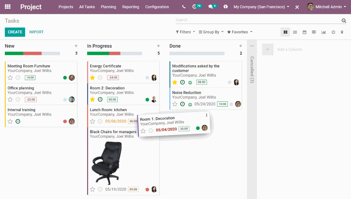 A kanban view of all tasks : New - In Progress - Done