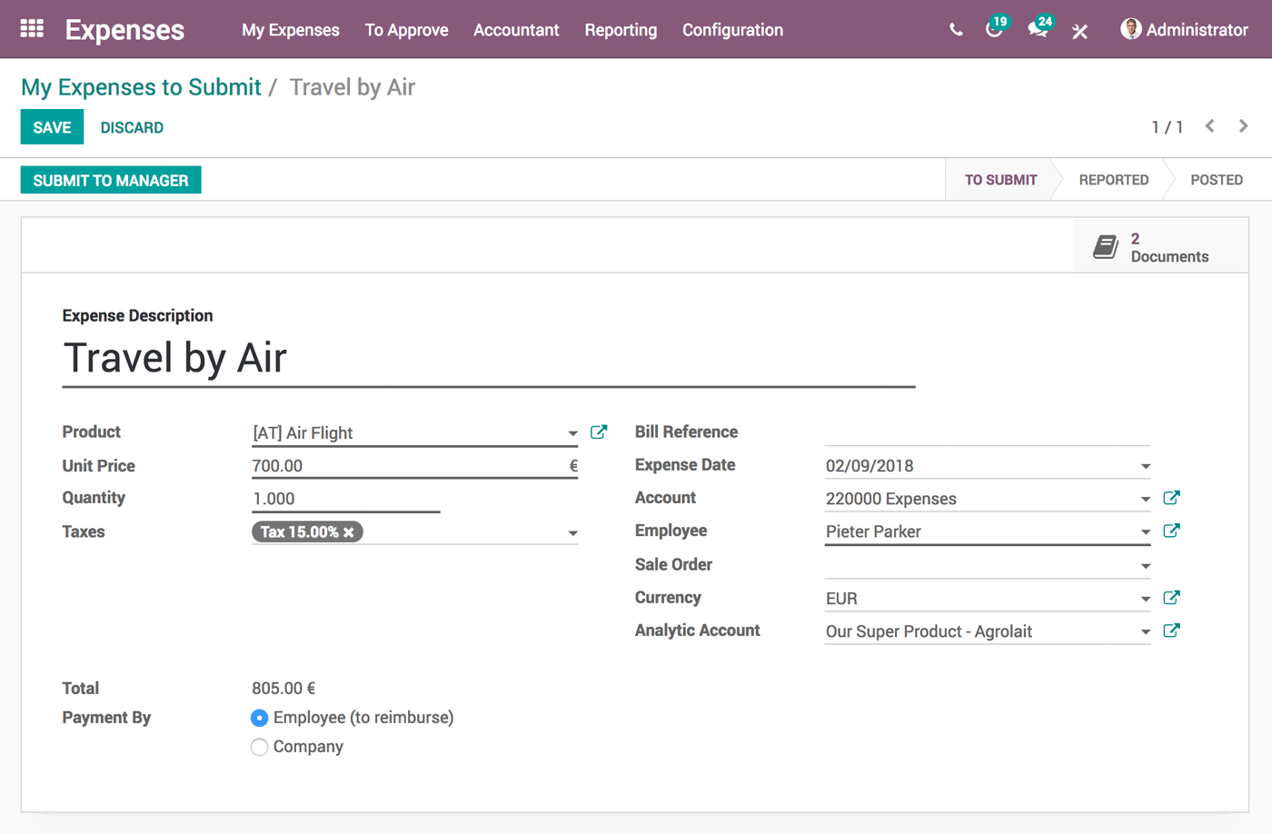 Odoo Expenses interface showing a travel expense being submitted