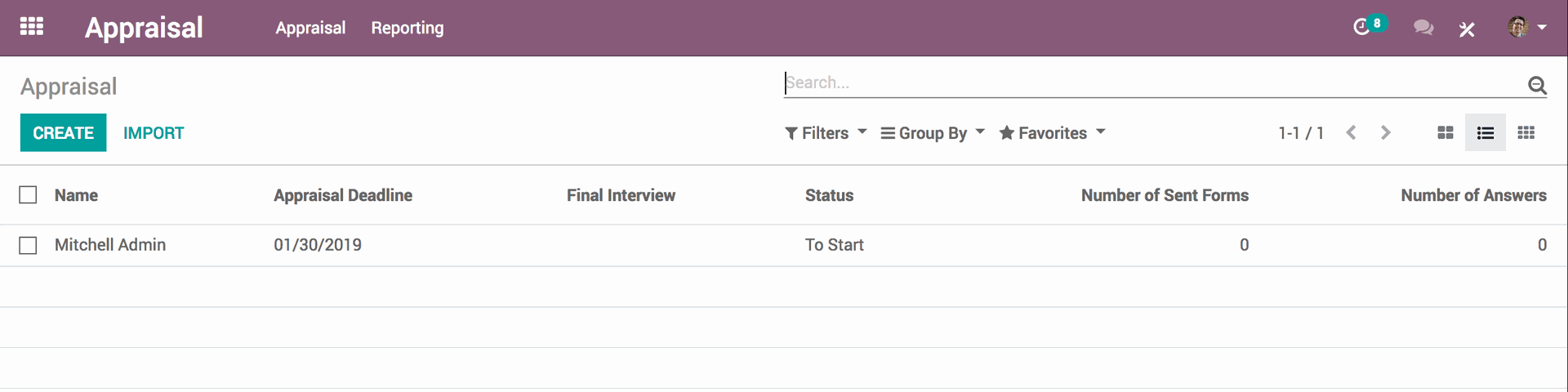 Odoo Appraisals' interface