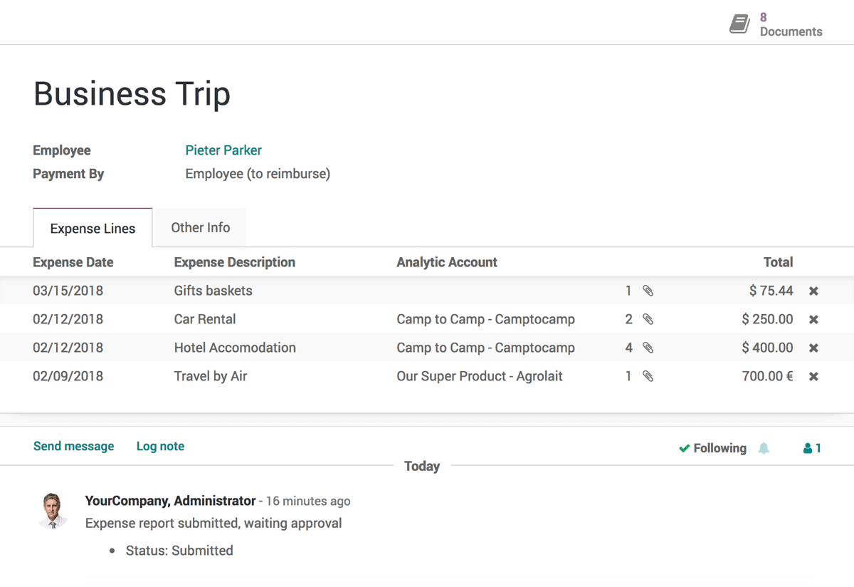 Example of a business trip expense in Odoo Expense's backend interface