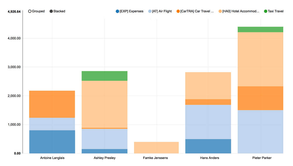 A chart showing expenses per expense type and per team member