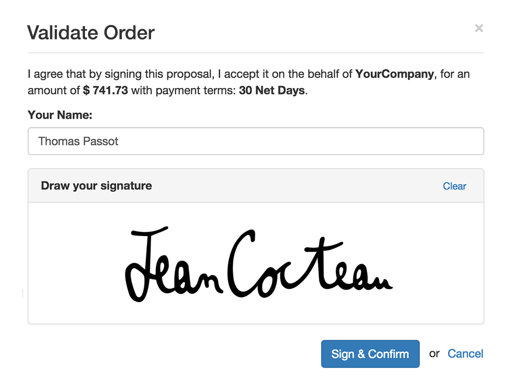 An electronic signature validating an order