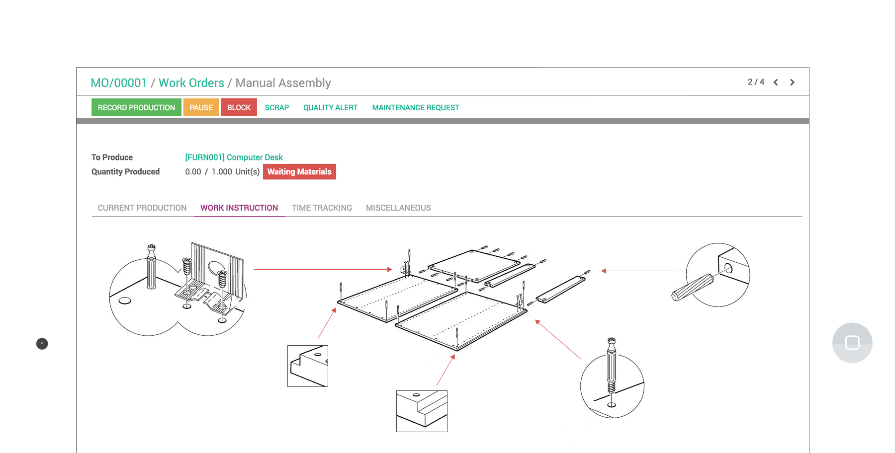 Odoo Manufacturing tablet interface showing a manual assembly for a work order