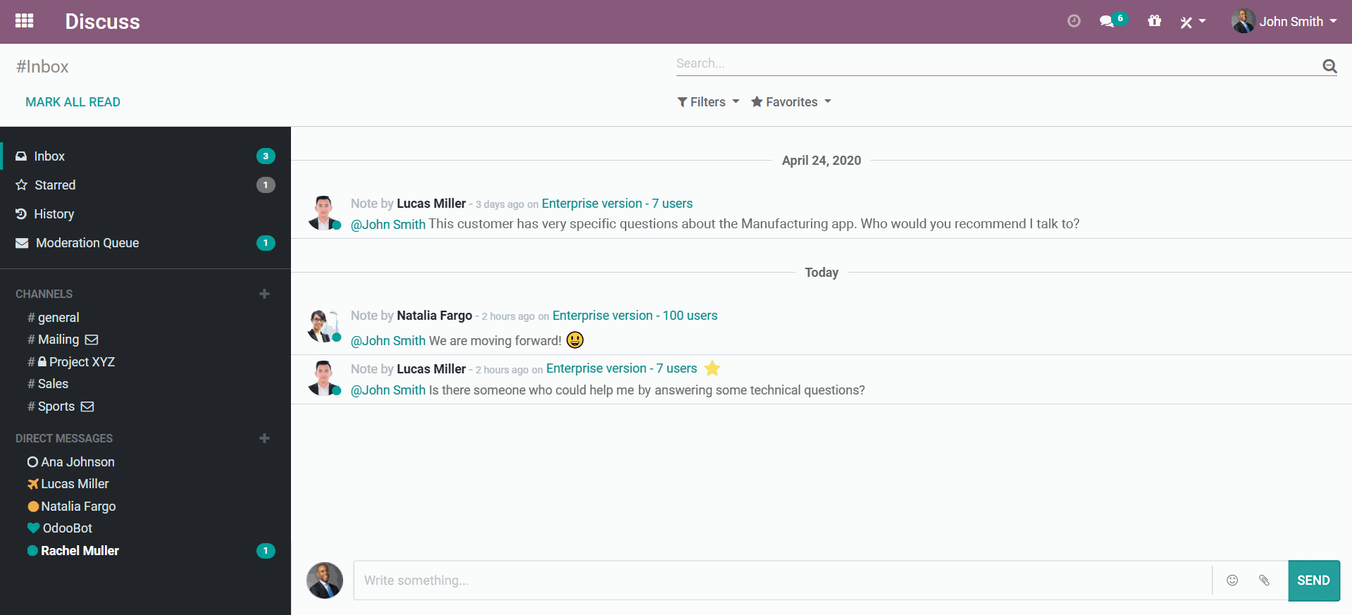 Odoo Discuss app - screenshot of a conversation