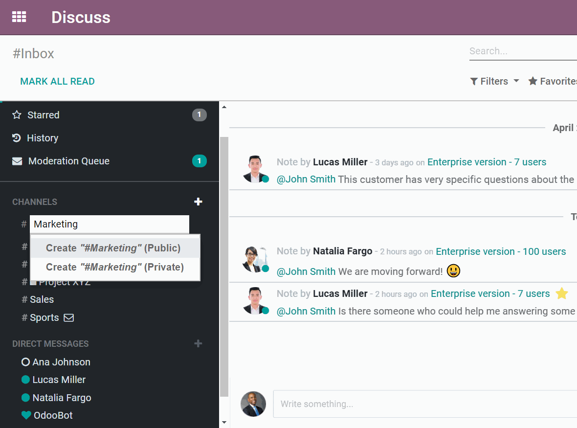 Closeup of Odoo Discuss' interface showing how to create a new Channel