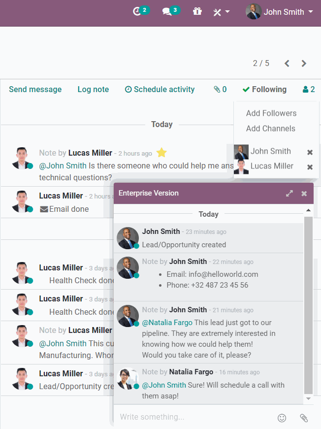 Closeup of Odoo's interface to show how to follow a discussion