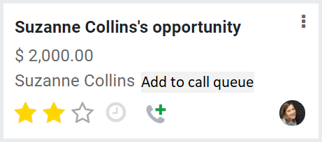 An Odoo CRM opportunity card with option to add contact to call queue