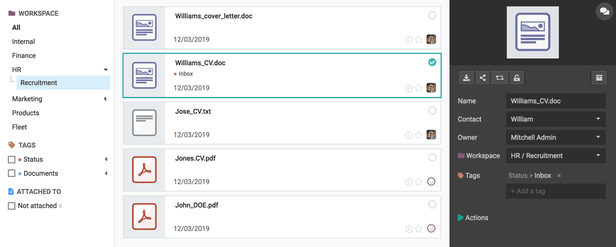 CVs and recruitment docs in Odoo Documents